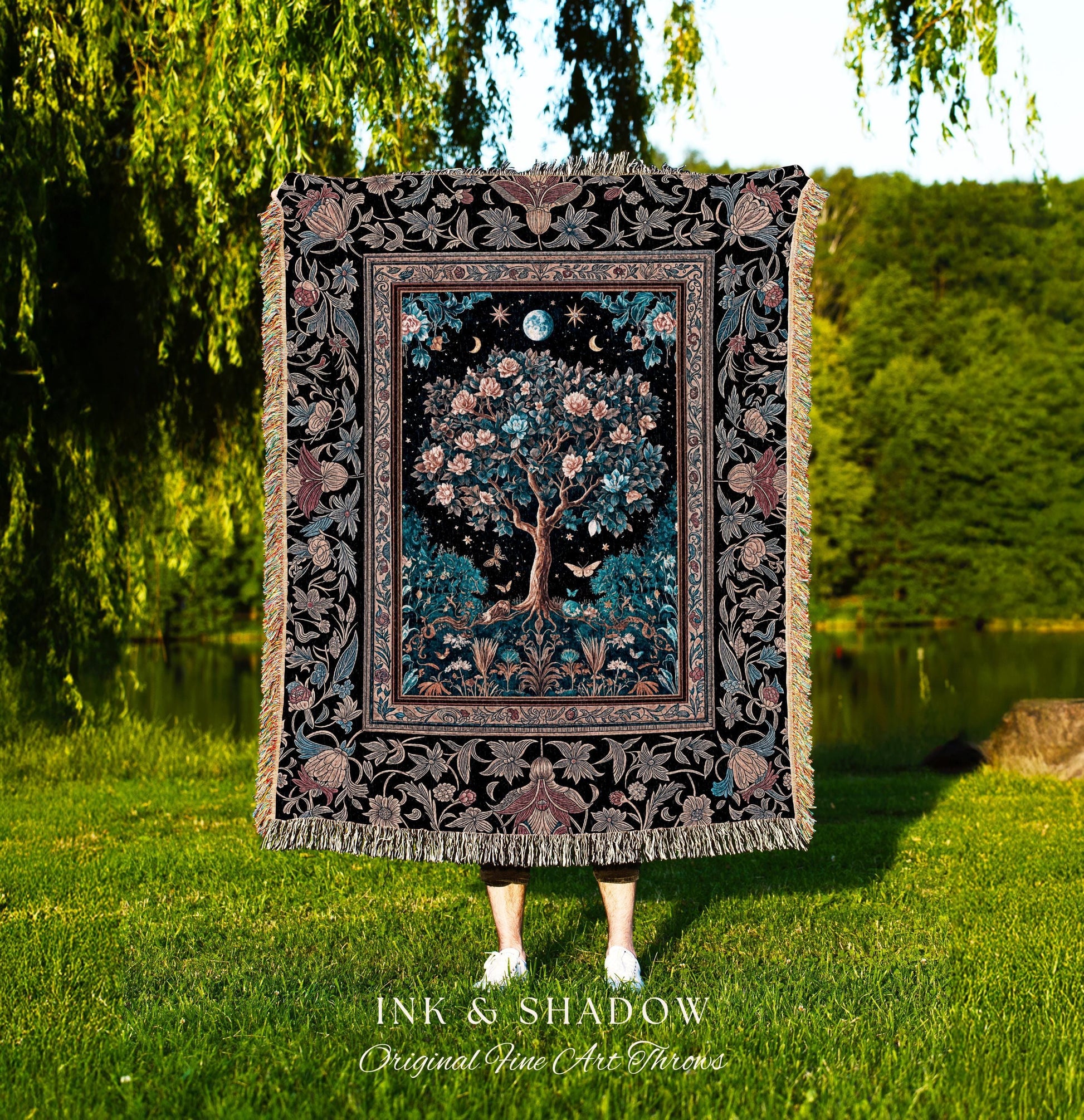 Enchanted Moonlit Tree of Life Woven Throw Blanket Jacquard Tapestry
