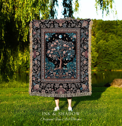 Enchanted Moonlit Tree of Life Woven Throw Blanket Jacquard Tapestry