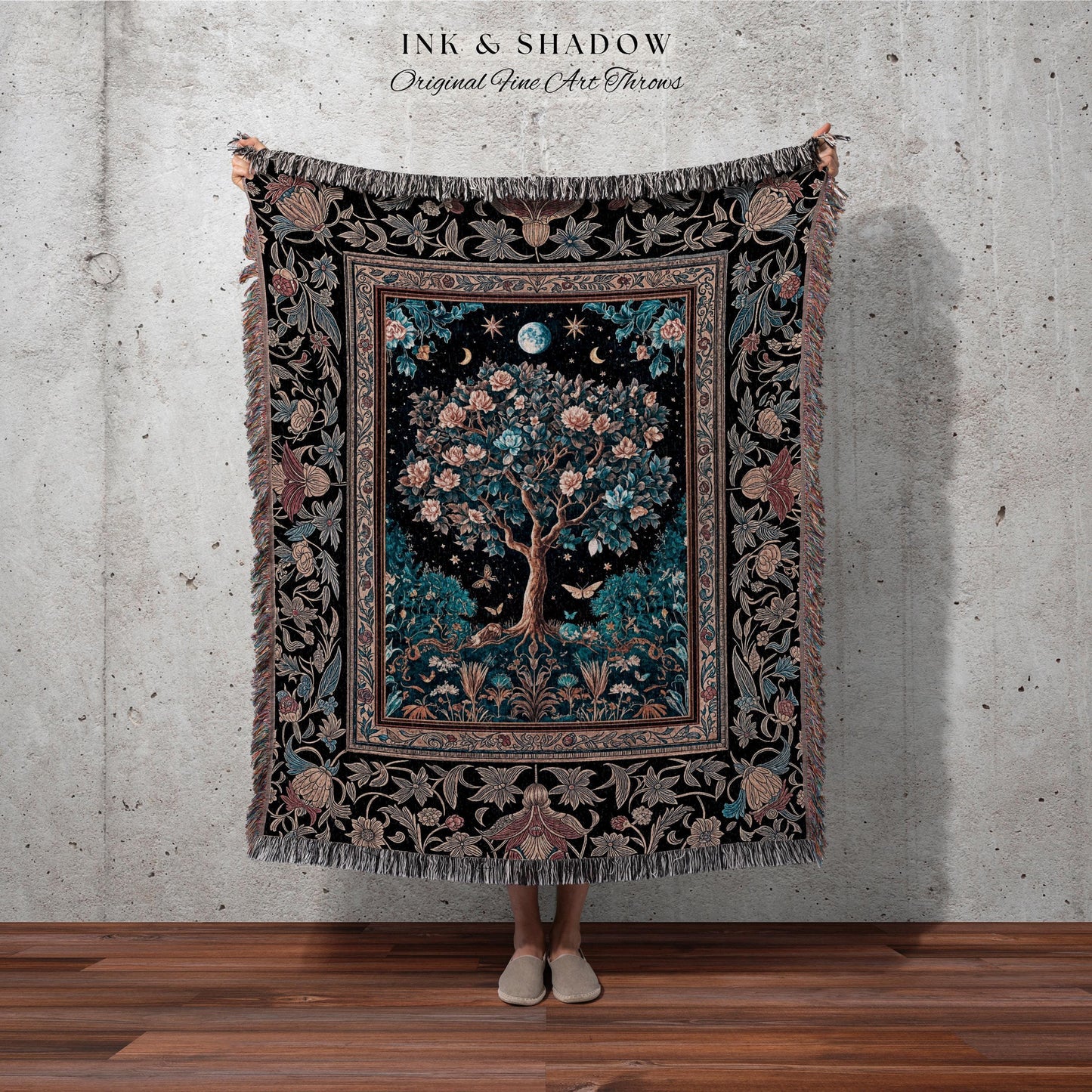 Enchanted Moonlit Tree of Life Woven Throw Blanket Jacquard Tapestry