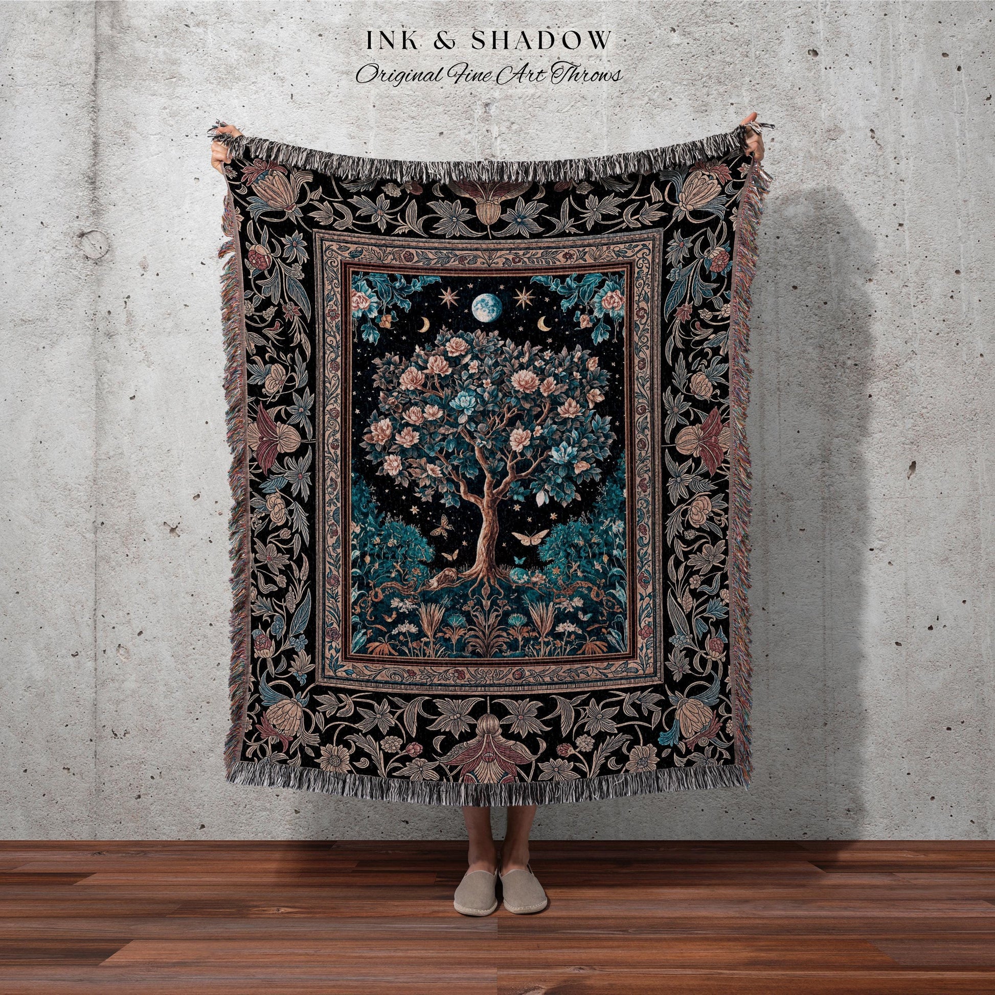 Enchanted Moonlit Tree of Life Woven Throw Blanket Jacquard Tapestry
