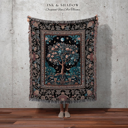 Enchanted Moonlit Tree of Life Woven Throw Blanket Jacquard Tapestry