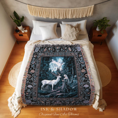 Goddess of the Woods Woven Tapestry | Ethereal Forest Folklore Inspired Nature Throw Blanket Botanical Cottagecore Medieval Magic Romantic |
