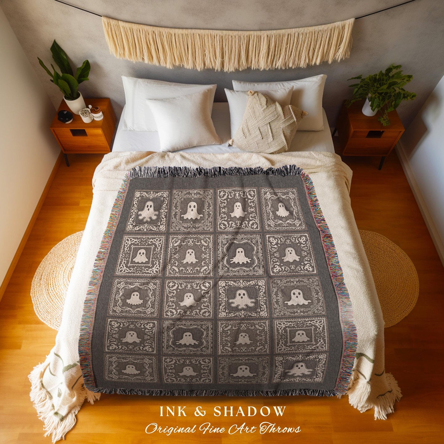 Cute Ghost Blanket Spooky Fall Decor Cozy Gothic Halloween Throw Light Gothic Design Unique Spooky Season Home Accent Woven Ghost Tapestry