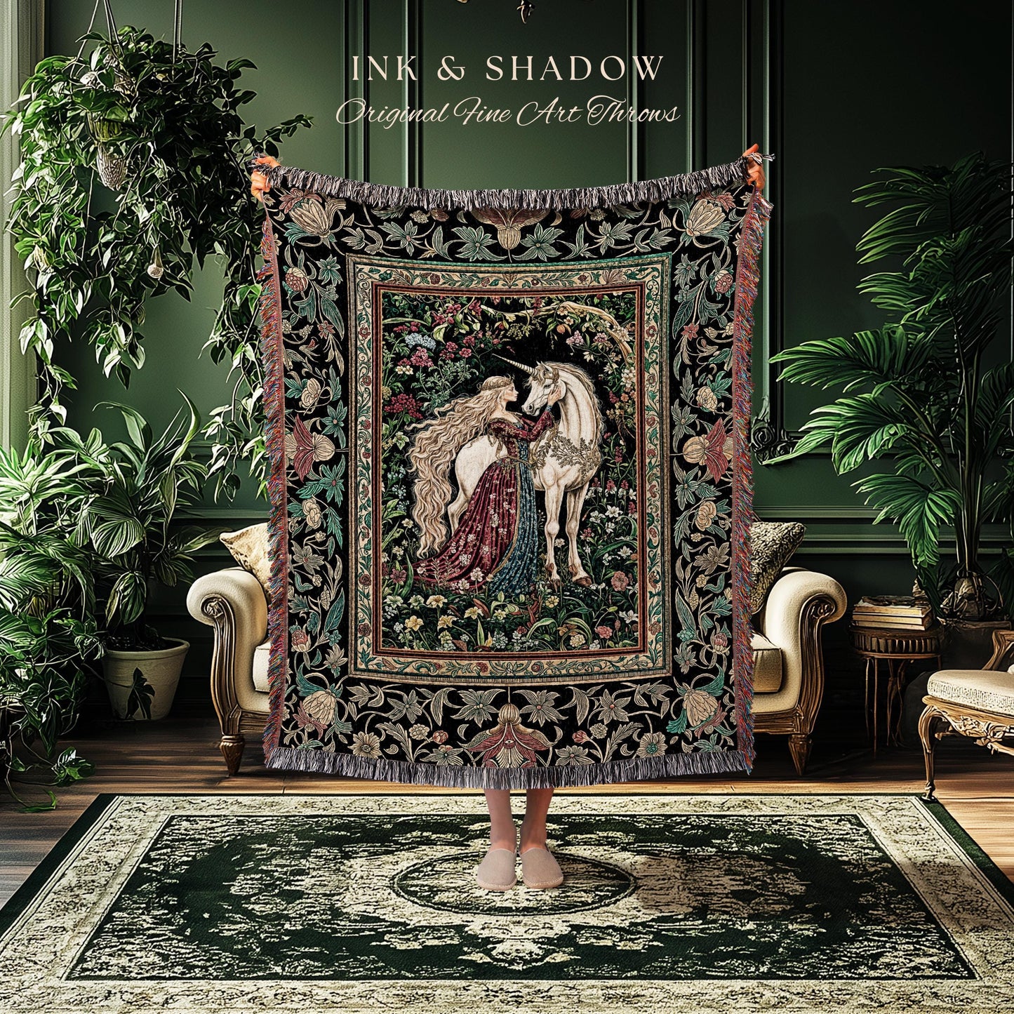Baroque Fantasy Rustic Throw Blanket | Rococo Coquette Bedroom Decor Dark Royalcore Woven Wall Tapestry Medieval Storybook Gothic Aesthetic