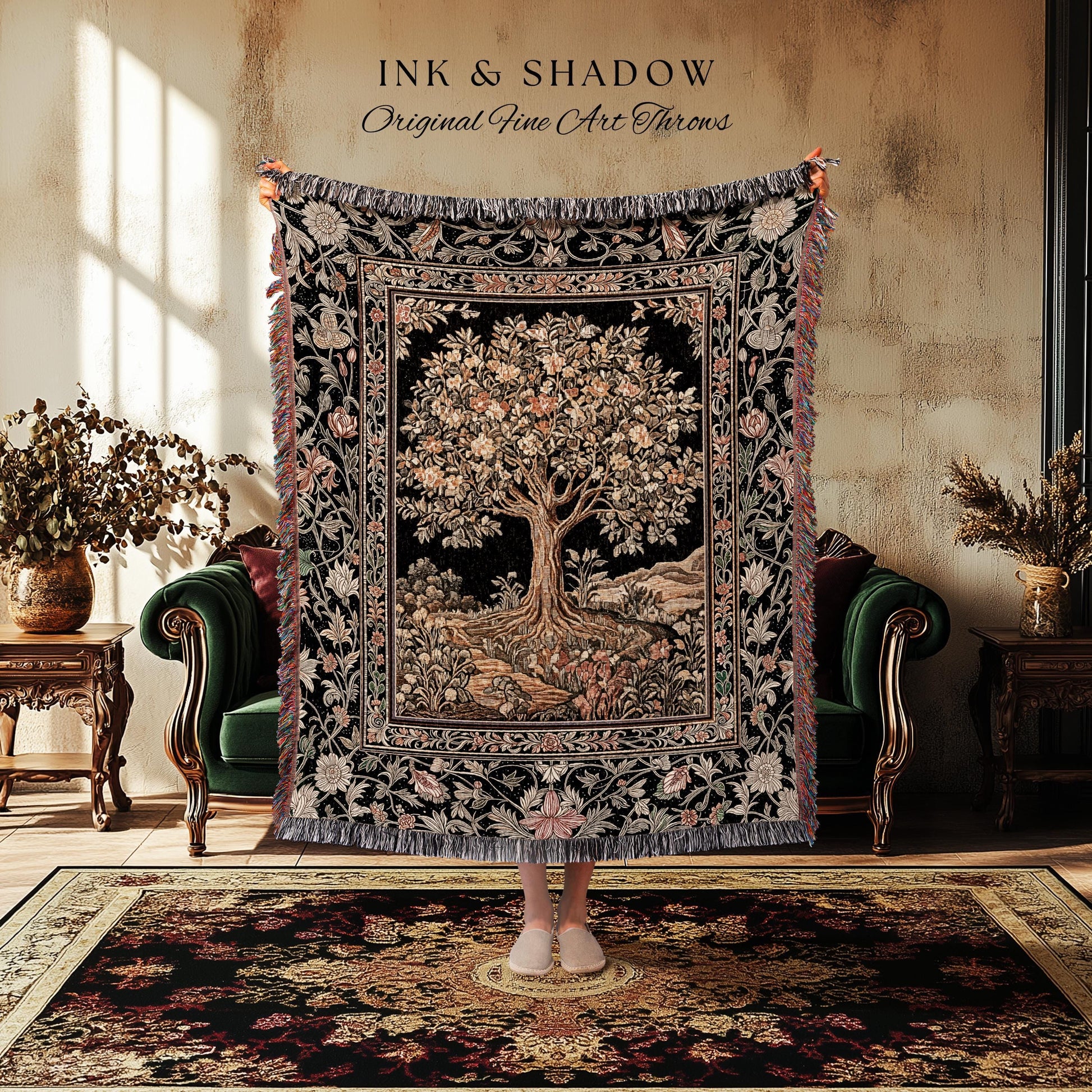 Muted Tones Eclectic Tree of Life Tapestry Blanket Jacquard Woven Coverlet
