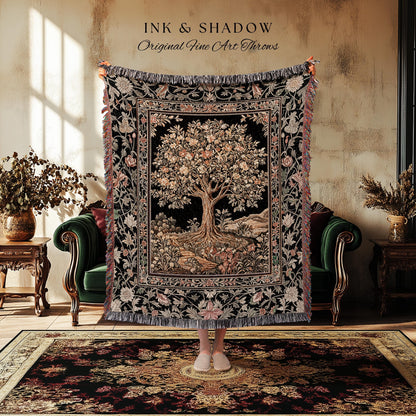 Muted Tones Eclectic Tree of Life Tapestry Blanket Jacquard Woven Coverlet