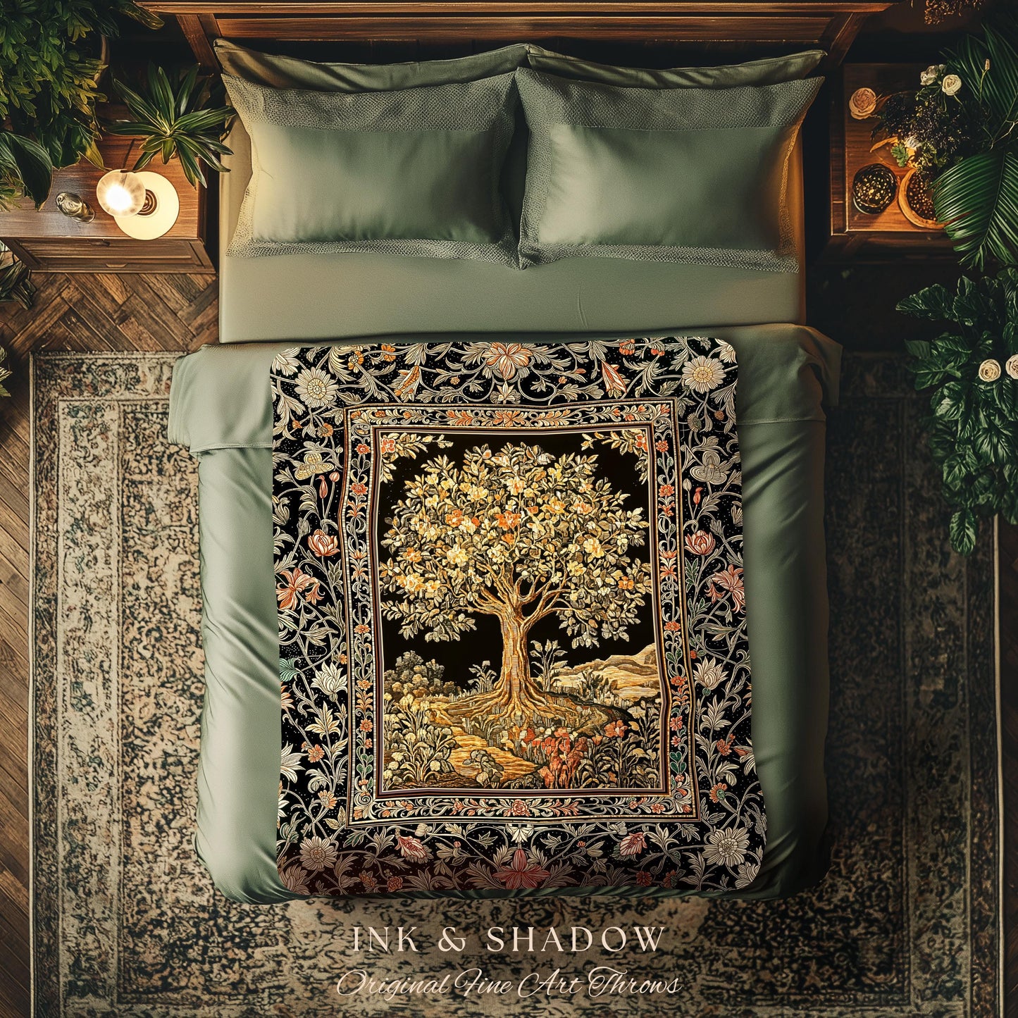 Muted Tones Eclectic Tree of Life Tapestry Blanket Jacquard Woven Coverlet