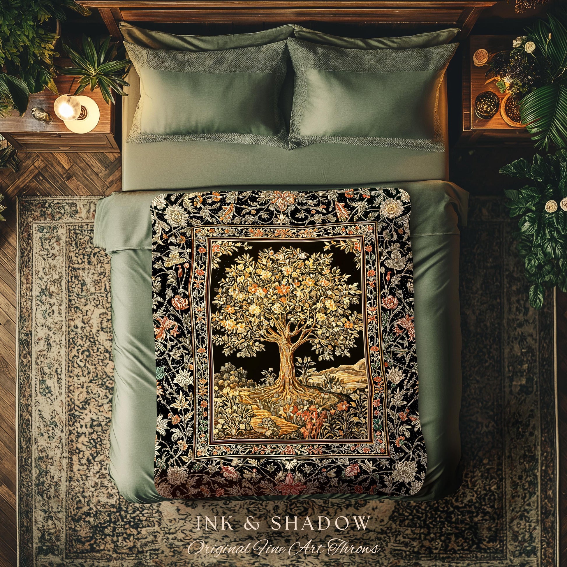 Muted Tones Eclectic Tree of Life Tapestry Blanket Jacquard Woven Coverlet