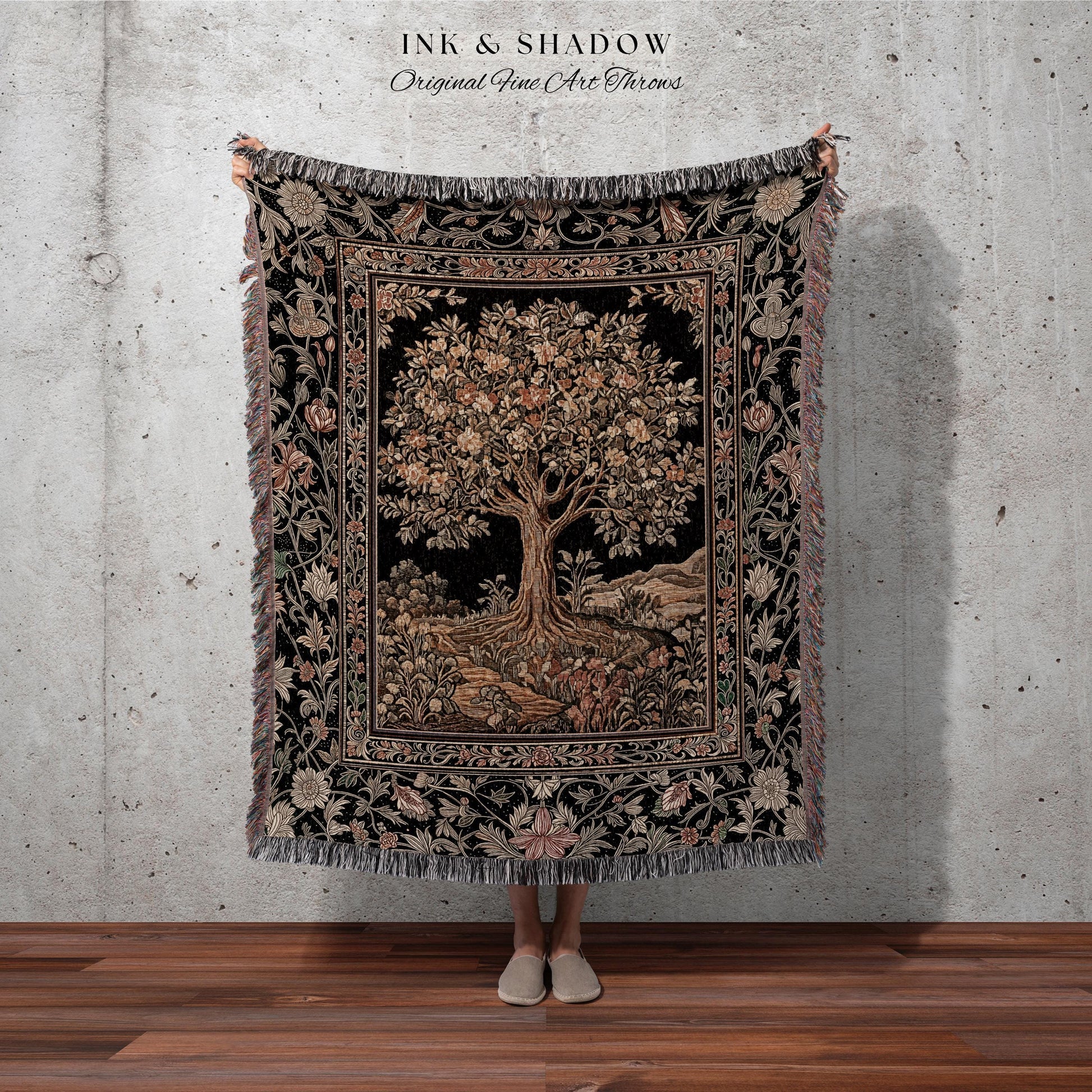 Muted Tones Eclectic Tree of Life Tapestry Blanket Jacquard Woven Coverlet