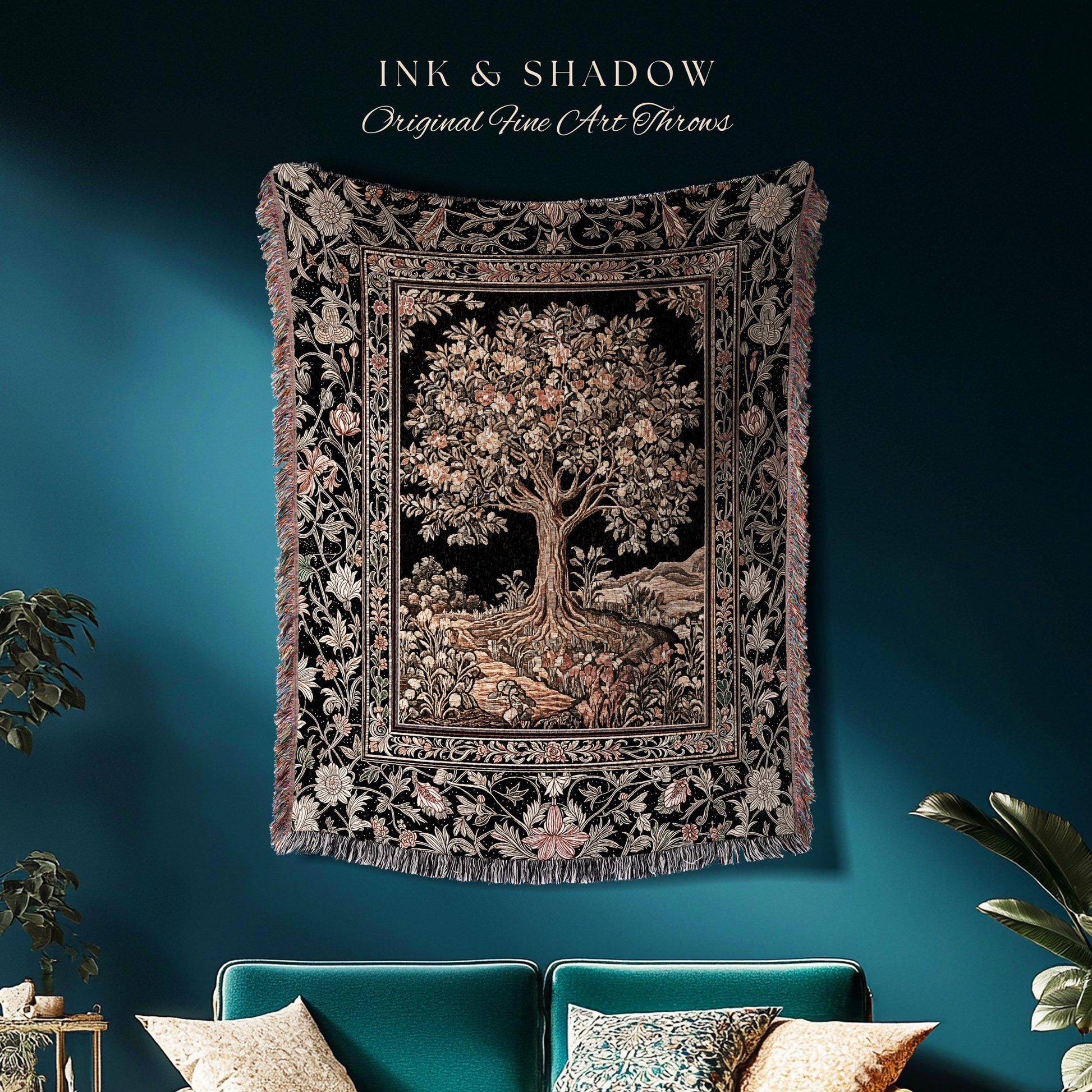 Muted Tones Eclectic Tree of Life Tapestry Blanket Jacquard Woven Coverlet