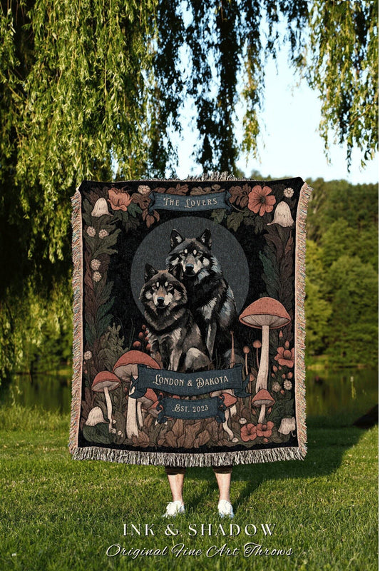 Woodland Wolf Blanket Custom Outdoorsy Anniversary Gift Personalized Blanket Cottagecore Wedding Unique Couple Gifts Wolf Pillow & Throw Set