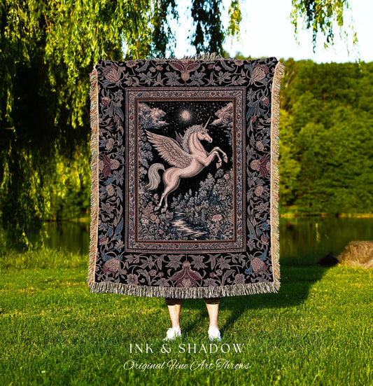 Fairytale Unicorn Fantasy Forest Tapestry | Maximalist Royalcore Decor Pink Castle Theme Gothic Bedroom Pegasus Baroque Throw Blanket Woven