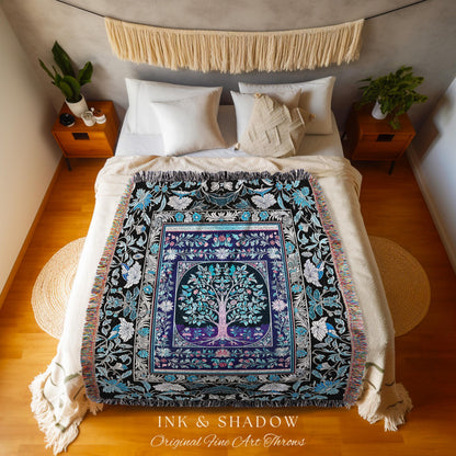 Icy Blue Pastel Gothic Tree Woven Throw Blanket Jacquard Tapestry