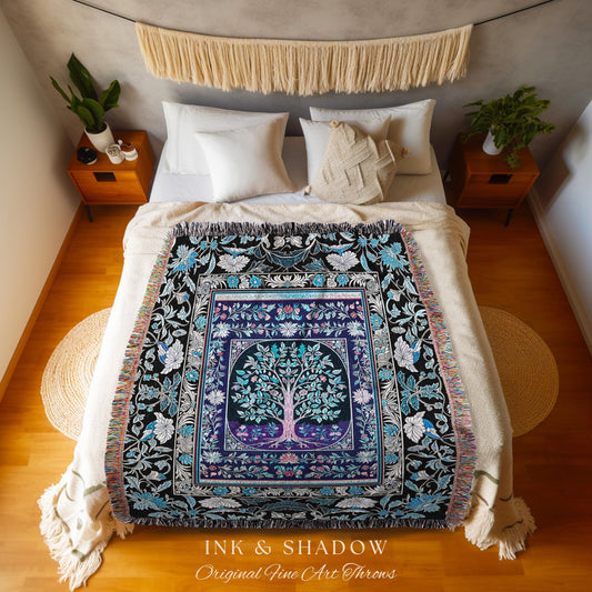 Icy Blue Pastel Gothic Tree Woven Throw Blanket Jacquard Tapestry