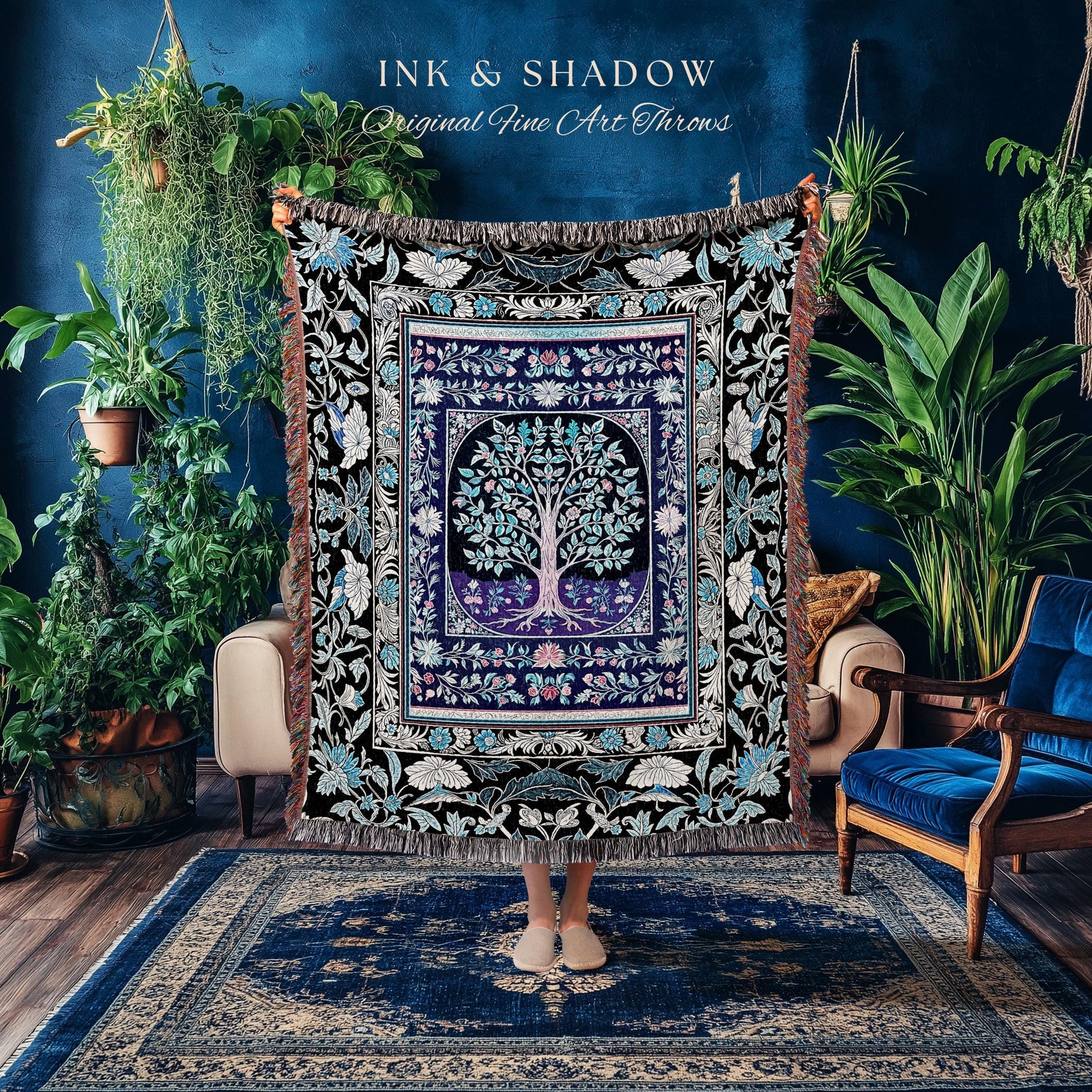 Icy Blue Pastel Gothic Tree Woven Throw Blanket Jacquard Tapestry