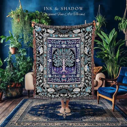 Icy Blue Pastel Gothic Tree Woven Throw Blanket Jacquard Tapestry