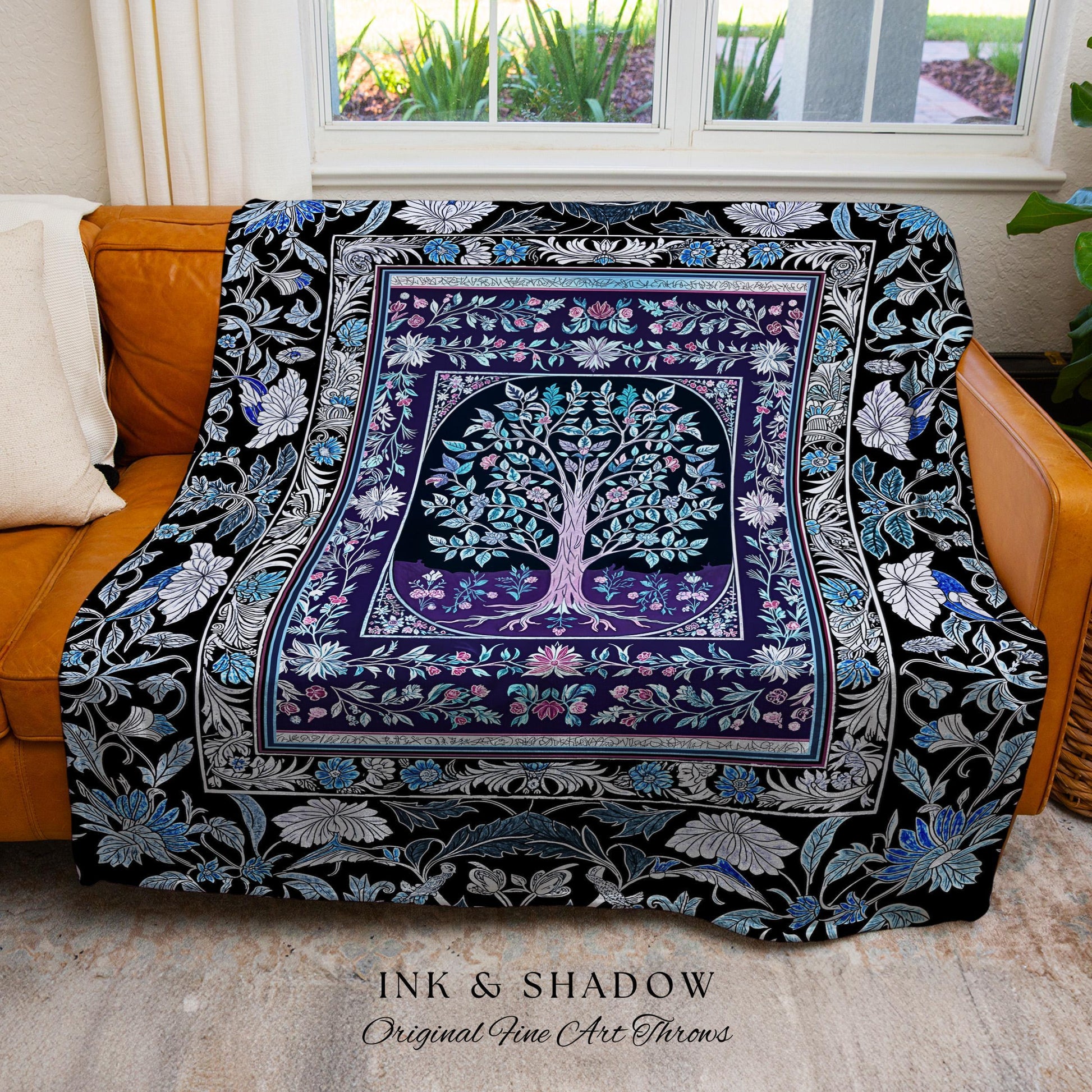 Icy Blue Pastel Gothic Tree Woven Throw Blanket Jacquard Tapestry