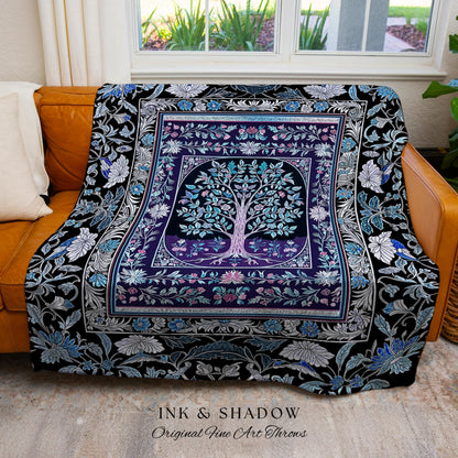 Icy Blue Pastel Gothic Tree Woven Throw Blanket Jacquard Tapestry