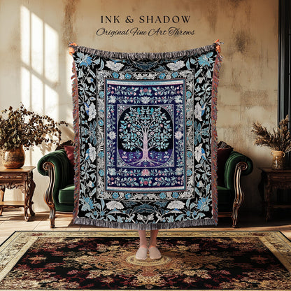 Icy Blue Pastel Gothic Tree Woven Throw Blanket Jacquard Tapestry