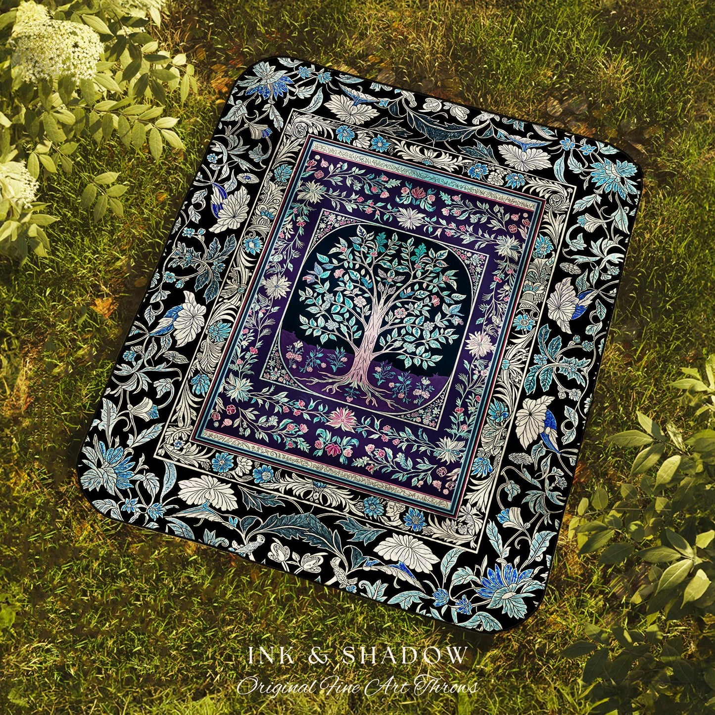 Icy Blue Pastel Gothic Tree Woven Throw Blanket Jacquard Tapestry