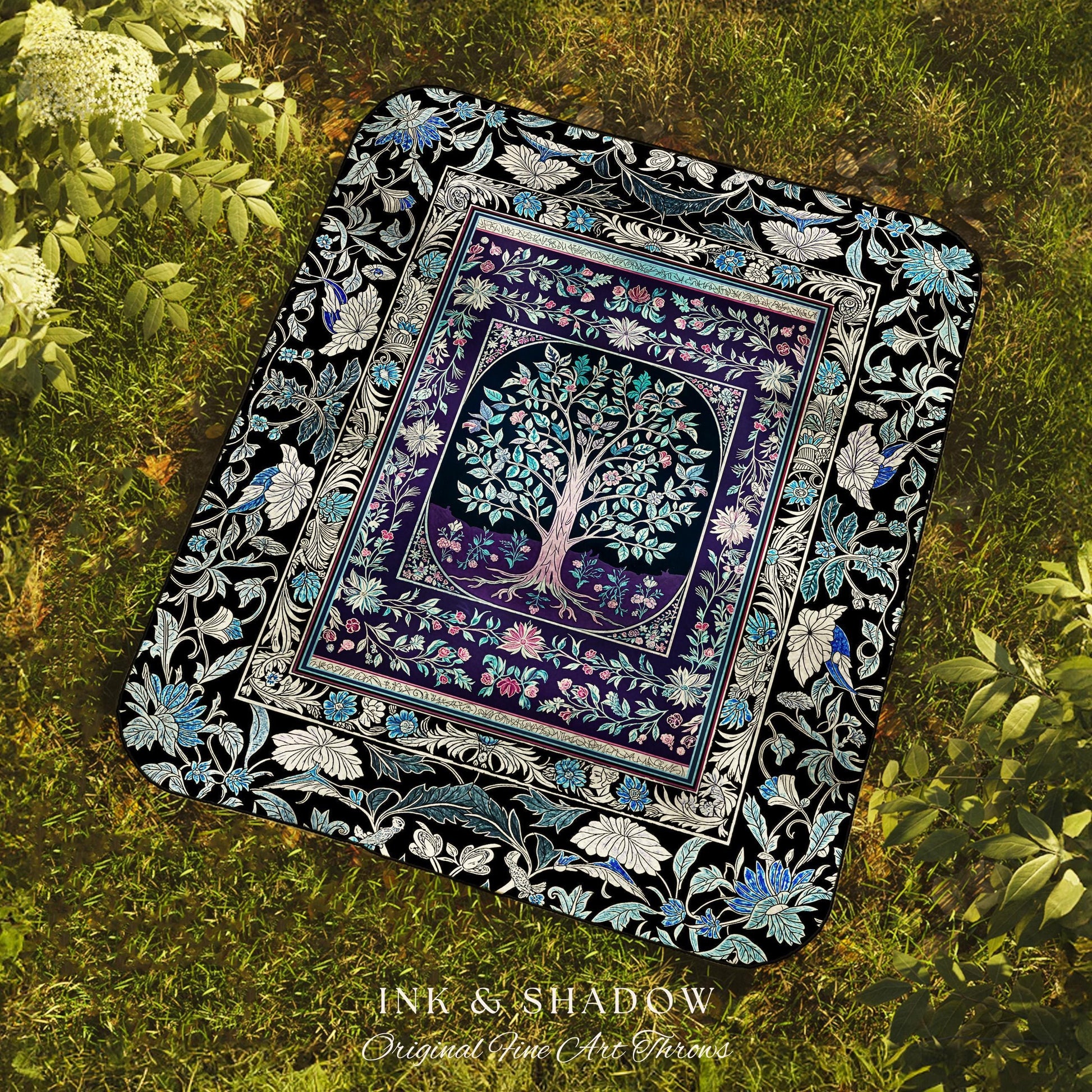 Icy Blue Pastel Gothic Tree Woven Throw Blanket Jacquard Tapestry