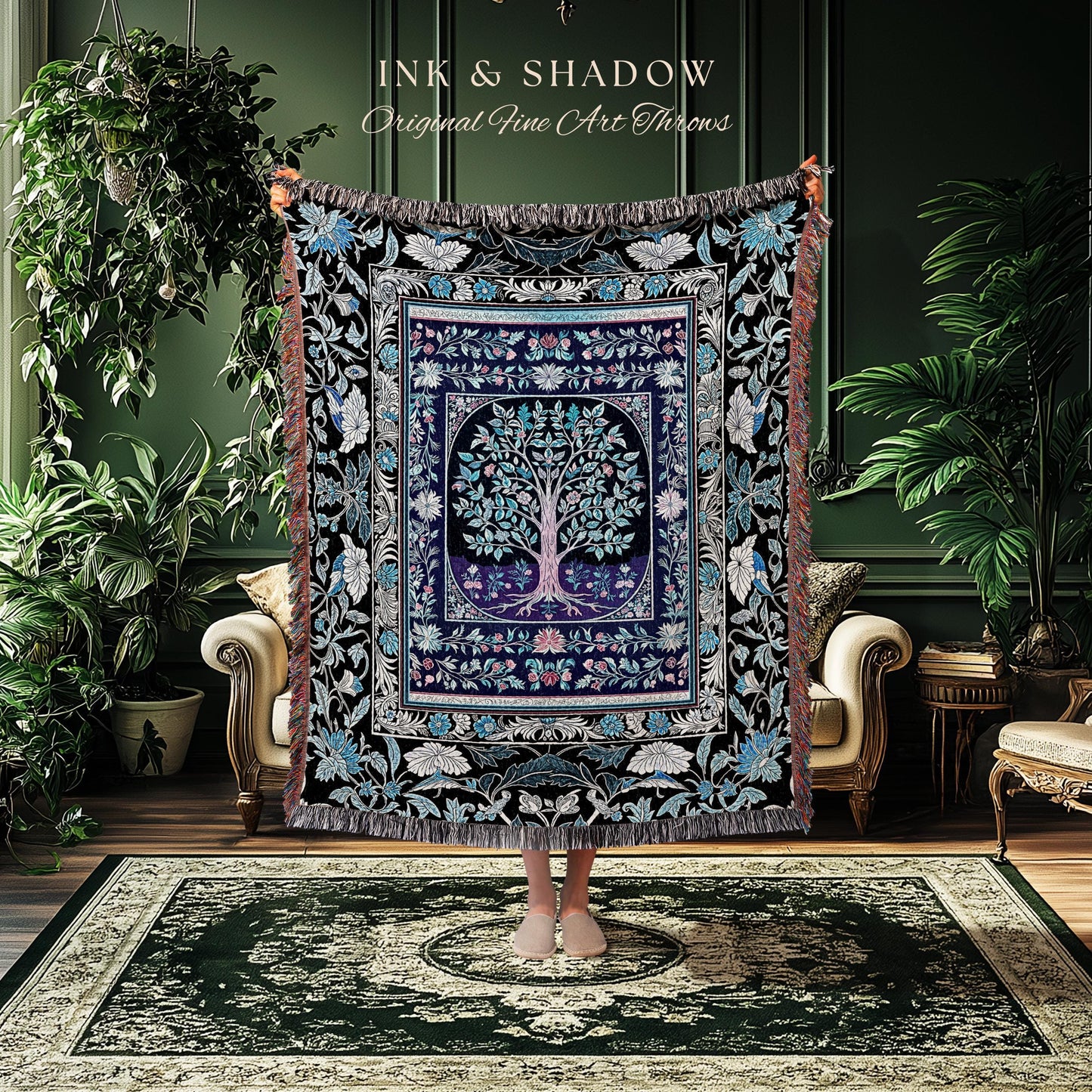 Icy Blue Pastel Gothic Tree Woven Throw Blanket Jacquard Tapestry