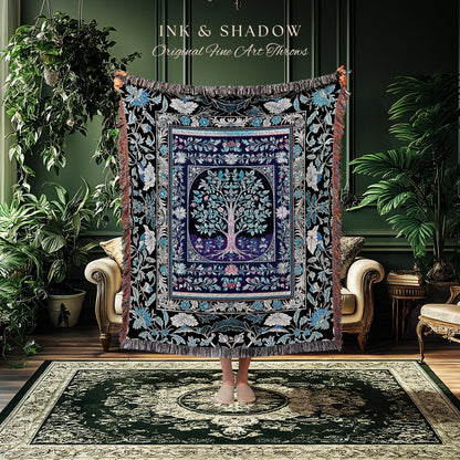 Icy Blue Pastel Gothic Tree Woven Throw Blanket Jacquard Tapestry
