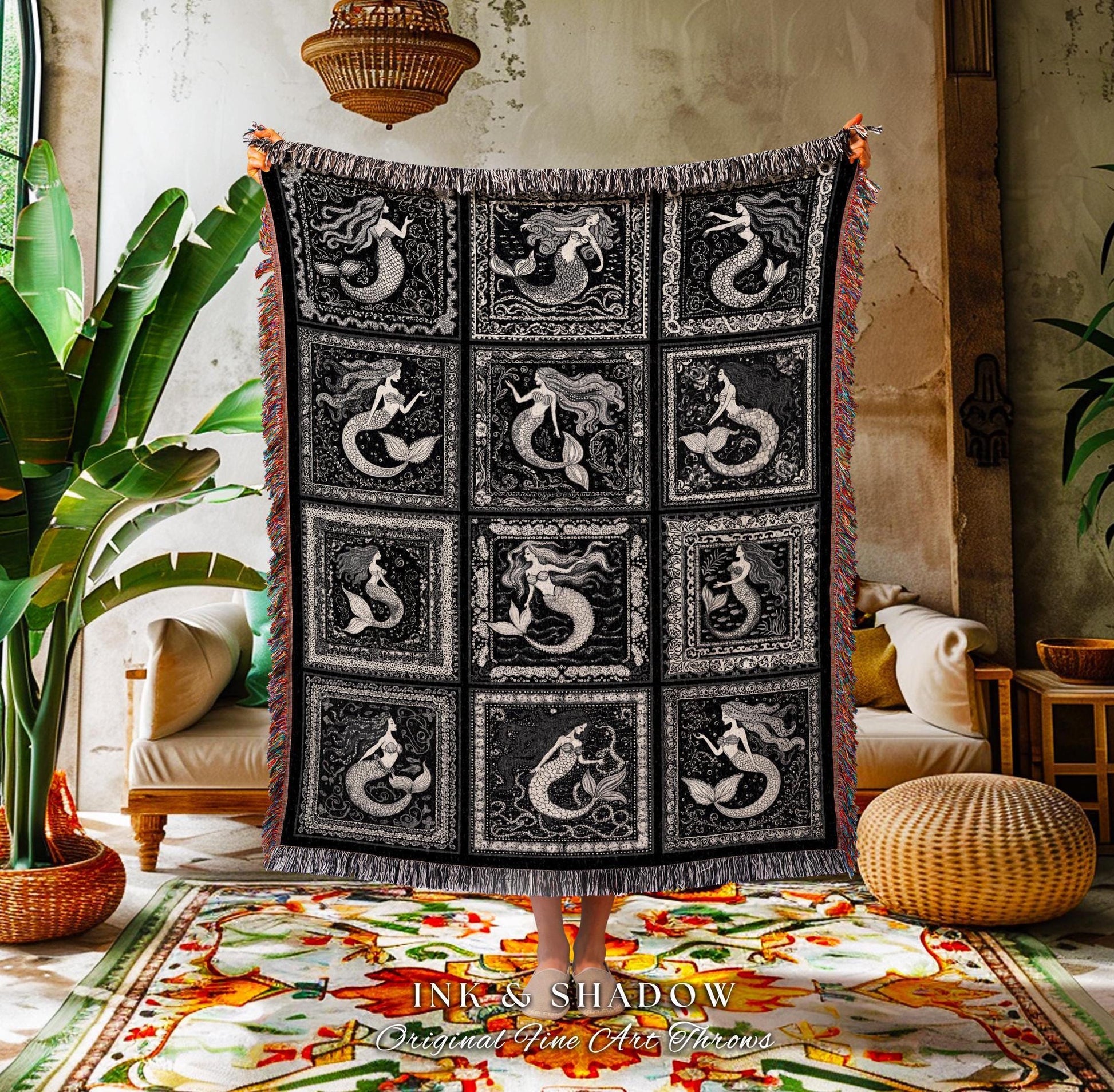 Gothic Oceancore Mermaid Throw | Scandinavian Aesthetic Nautical Retro Sea Queen Whimsical Ethereal Selkie Tapestry Woven Coverlet Coastal