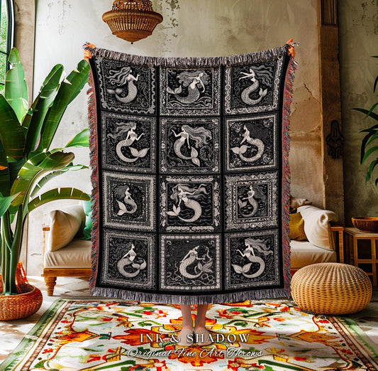 Gothic Oceancore Mermaid Throw | Scandinavian Aesthetic Nautical Retro Sea Queen Whimsical Ethereal Selkie Tapestry Woven Coverlet Coastal