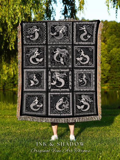 Gothic Oceancore Mermaid Throw | Scandinavian Aesthetic Nautical Retro Sea Queen Whimsical Ethereal Selkie Tapestry Woven Coverlet Coastal