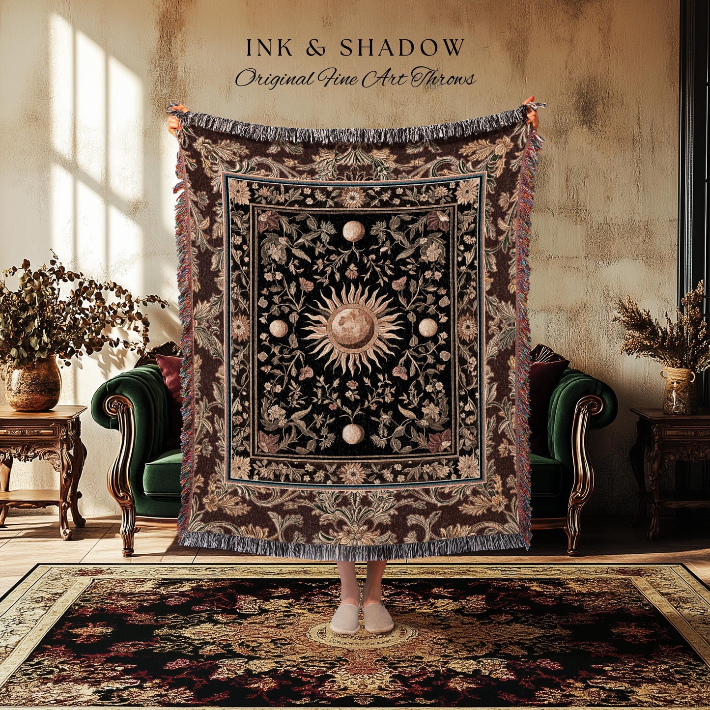 Dark Skies Celestial Throw Blanket | Enchanted Celestial Witchy Astrology Boho Maximalist Decor Sun and Moon Tarot Inspired Woven Tapestry |