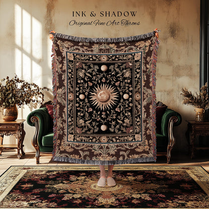 Dark Skies Celestial Throw Blanket | Enchanted Celestial Witchy Astrology Boho Maximalist Decor Sun and Moon Tarot Inspired Woven Tapestry |