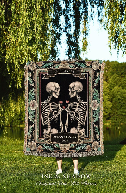 Dark Academia Skeleton Couple Blanket | Custom Woven Tapestry Gothic Wedding Anniversary Gift Personalized Meaningful His & Hers Blanket |