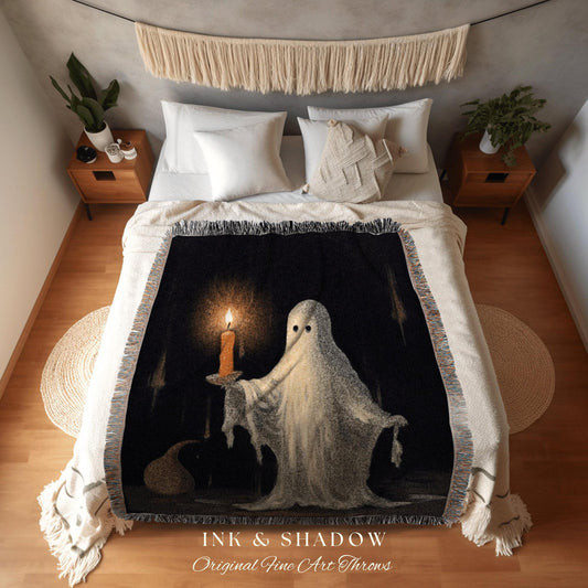 Ghost Holding A Candle | Vintage Halloween Decor Woven Wall Art Ghost Blanket | Spooky Vibes Ghost Art Original Haunted Ghost Goth Tapestry