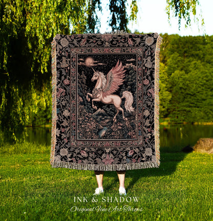 Mystical Pegasus Castlecore Throw Blanket | Coral Wing Unicorn Decor Fantasy Regal Fairytale Cottagecore Baroque Romantic Gothic Tapestry |