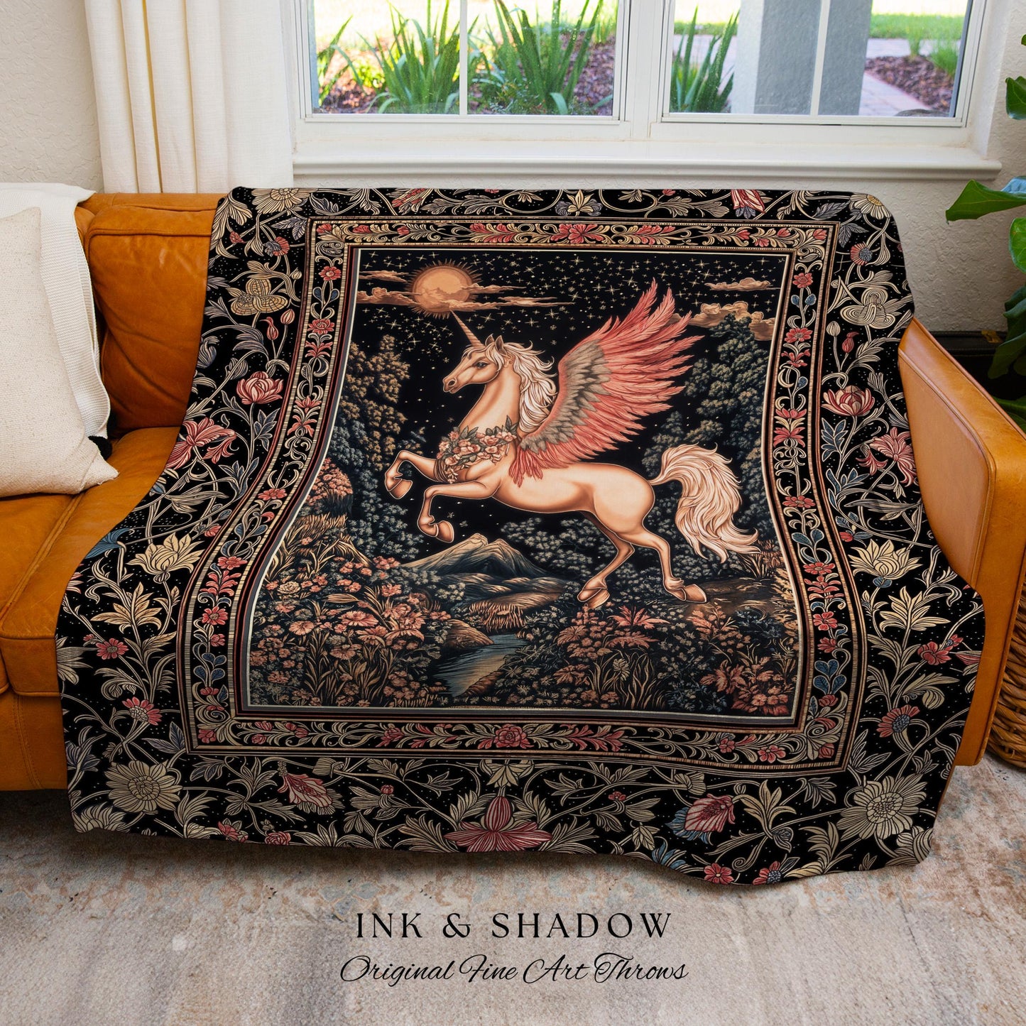 Mystical Pegasus Castlecore Throw Blanket | Coral Wing Unicorn Decor Fantasy Regal Fairytale Cottagecore Baroque Romantic Gothic Tapestry |