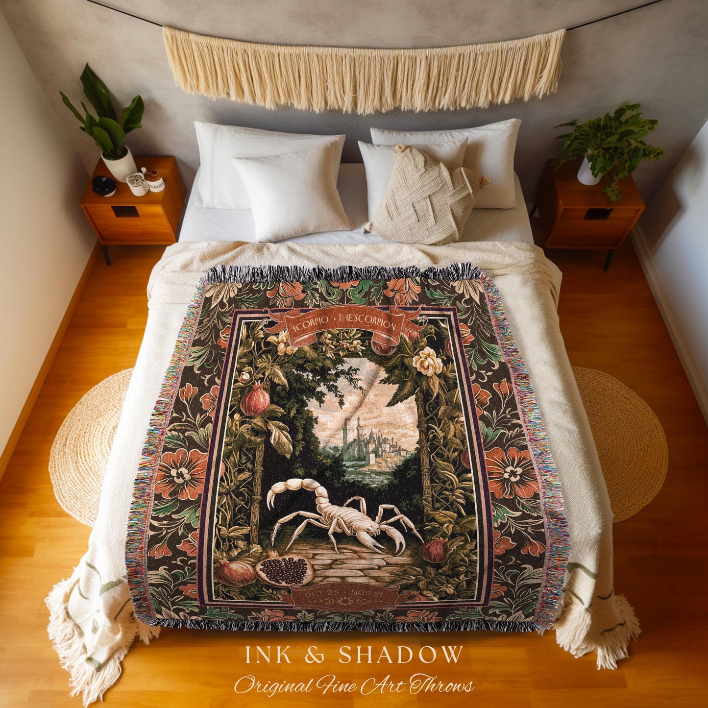 Victorian Gothic Scorpio Zodiac Tapestry Light Academia Mythic Medieval Pomegranate Garden Throw, The Scorpion Astrology Birth Month Blanket