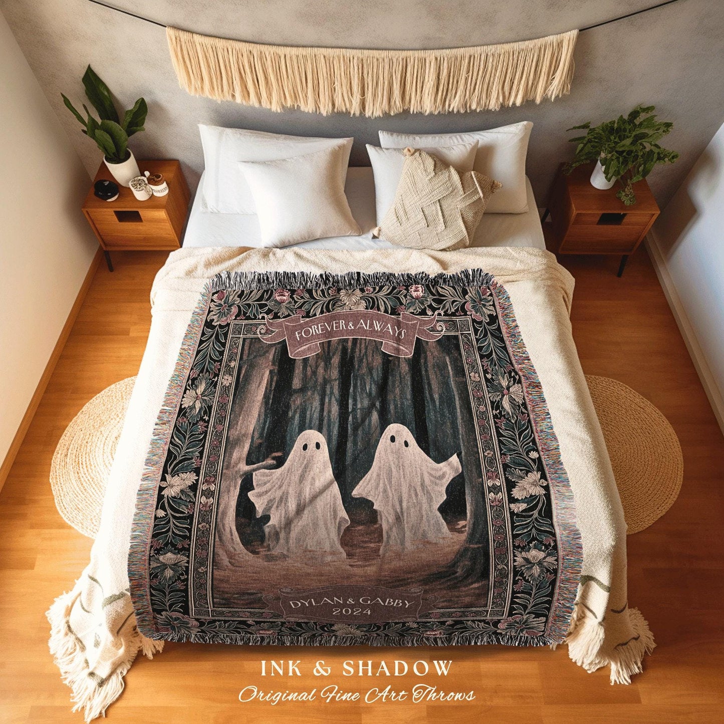 Ghosts in the Woodland Couples Blanket | Kindred Spirits Personalized Gothic Wedding Tapestry Woven Throw Whimsigoth Custom Gifts for Her |