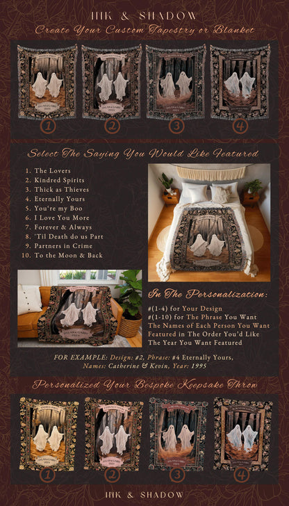 Ghosts in the Woodland Couples Blanket | Kindred Spirits Personalized Gothic Wedding Tapestry Woven Throw Whimsigoth Custom Gifts for Her |