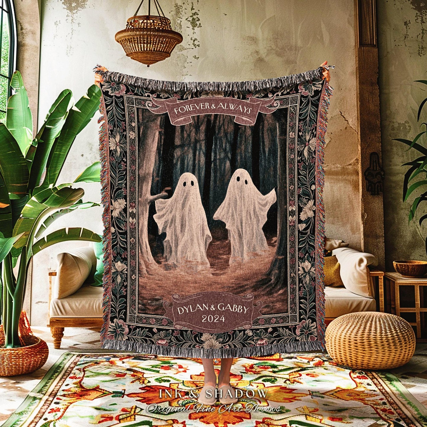 Ghosts in the Woodland Couples Blanket | Kindred Spirits Personalized Gothic Wedding Tapestry Woven Throw Whimsigoth Custom Gifts for Her |