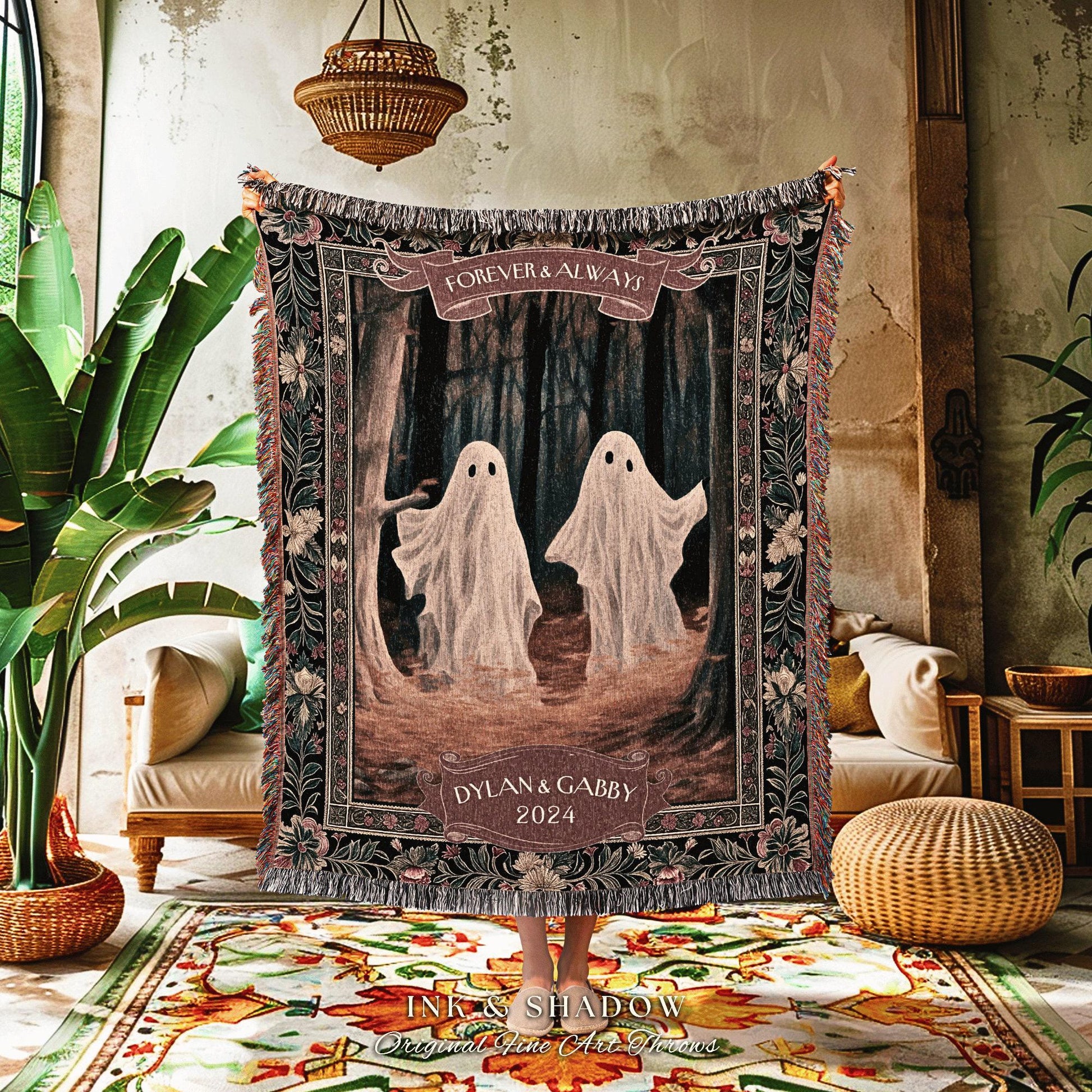 Ghosts in the Woodland Couples Blanket | Kindred Spirits Personalized Gothic Wedding Tapestry Woven Throw Whimsigoth Custom Gifts for Her |