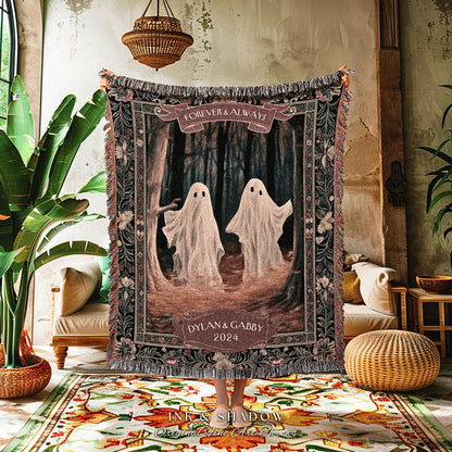 Ghosts in the Woodland Couples Blanket | Kindred Spirits Personalized Gothic Wedding Tapestry Woven Throw Whimsigoth Custom Gifts for Her |