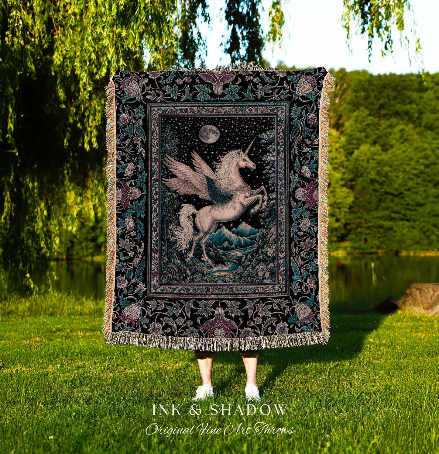 Pastel Moonlight Rustic Pegasus Throw | Baroque Fairytale Decor Whimsical Cottagecore Woven Tapestry Fantasy Boho Forest Regal Castlecore |