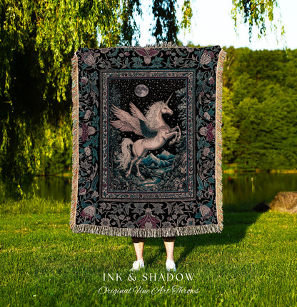 Pastel Moonlight Rustic Pegasus Throw | Baroque Fairytale Decor Whimsical Cottagecore Woven Tapestry Fantasy Boho Forest Regal Castlecore |
