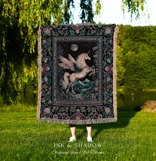 Pastel Moonlight Rustic Pegasus Throw | Baroque Fairytale Decor Whimsical Cottagecore Woven Tapestry Fantasy Boho Forest Regal Castlecore |