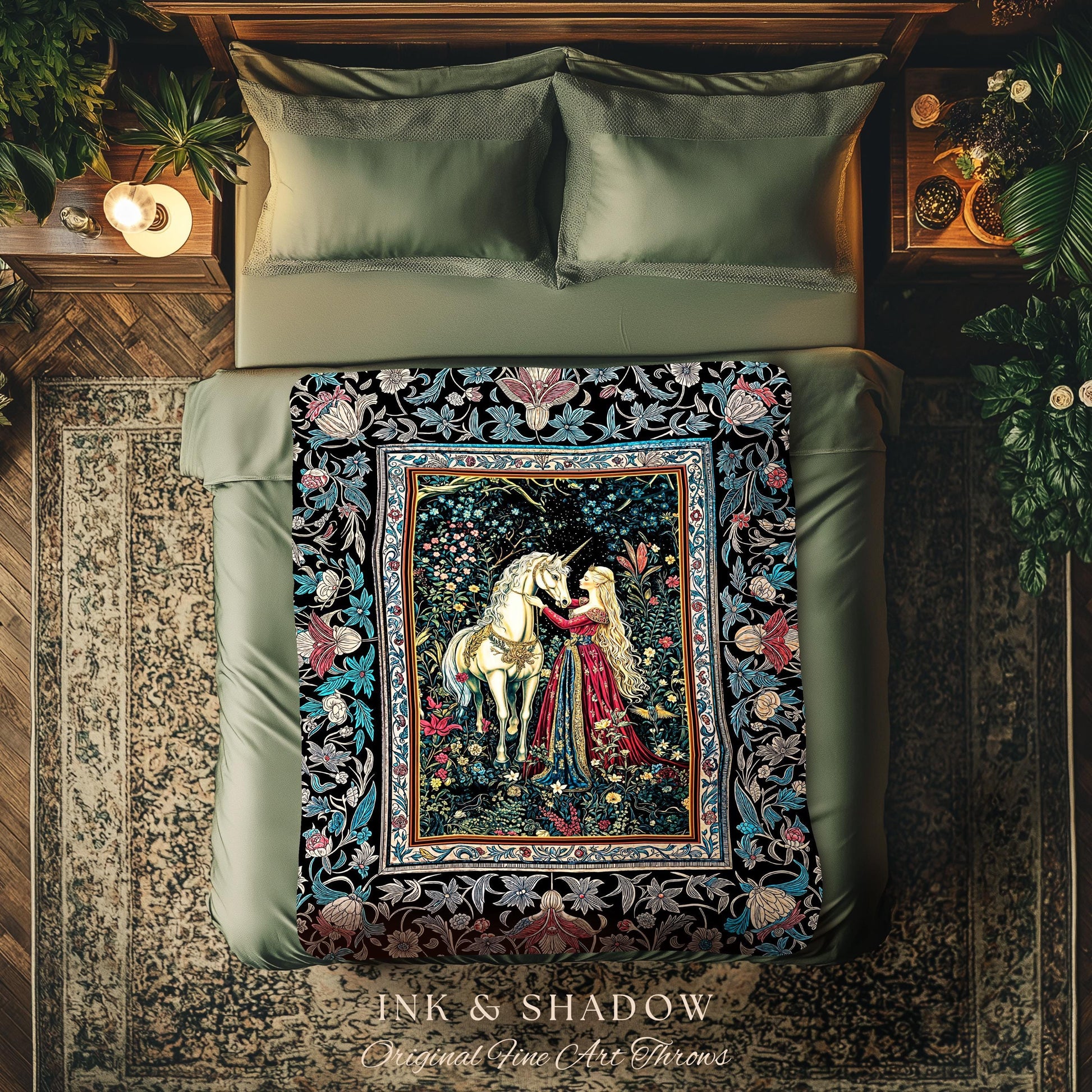 Rustic Fairytale Dark Teal Throw Blanket | Rococo Baroque Inspired Decor Medieval Princesscore Woven Tapestry Dreamy Fantasy Bedroom Style |