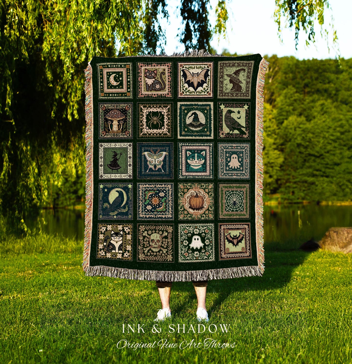 Boho Autumn Witchy Cozy Throw Blanket | Halloween Cozy Bedroom Decor Whimsigoth Tapestry Gothic Green Accent Spooky Gift Fairycore Grunge |