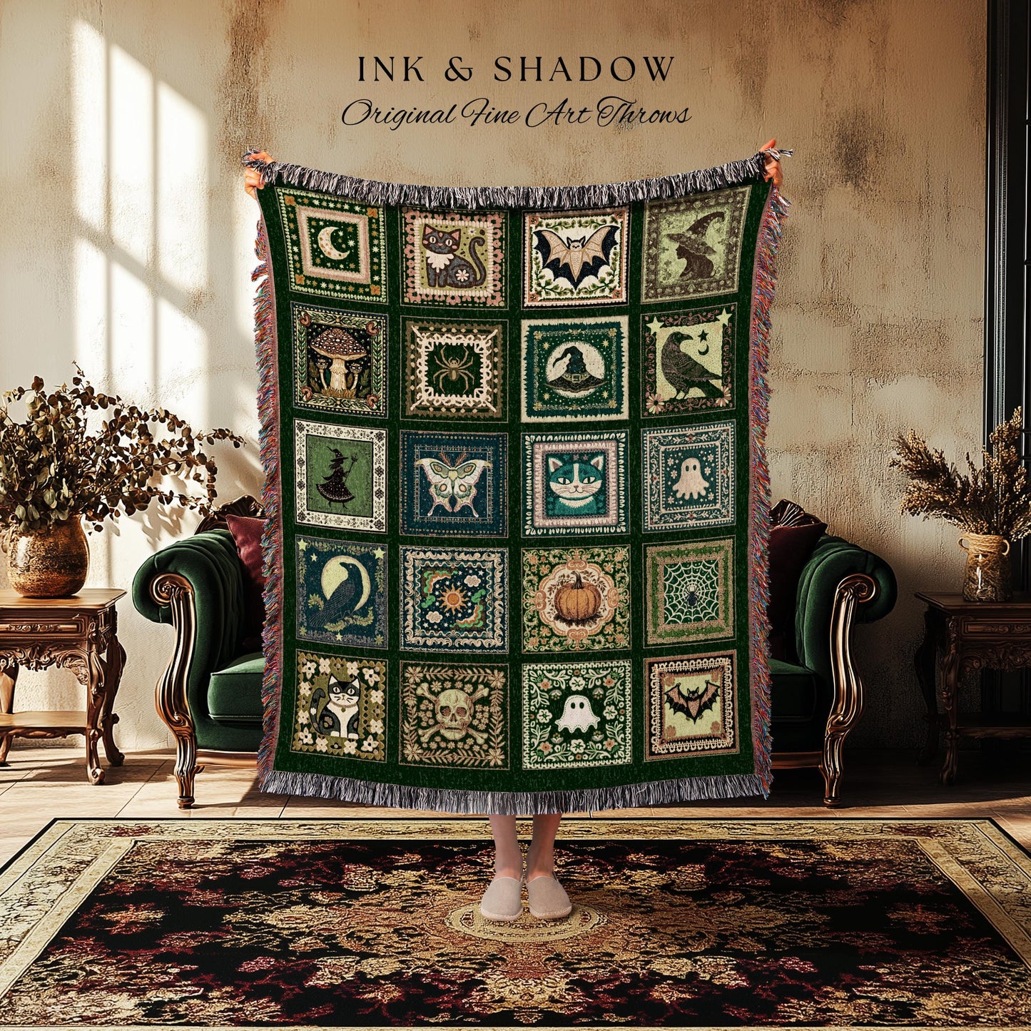Boho Autumn Witchy Cozy Throw Blanket | Halloween Cozy Bedroom Decor Whimsigoth Tapestry Gothic Green Accent Spooky Gift Fairycore Grunge |
