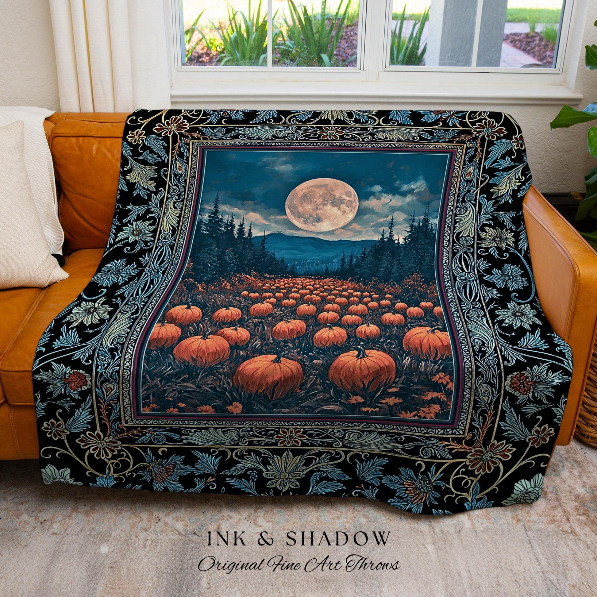 Moody Harvest Moon Woven Throw Blanket | Ethereal Moonlight Cottagecore Tapestry Cozy Autumn Aesthetic Whimsigoth Dark Academia Halloween |