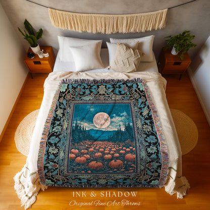Moody Harvest Moon Woven Throw Blanket | Ethereal Moonlight Cottagecore Tapestry Cozy Autumn Aesthetic Whimsigoth Dark Academia Halloween |